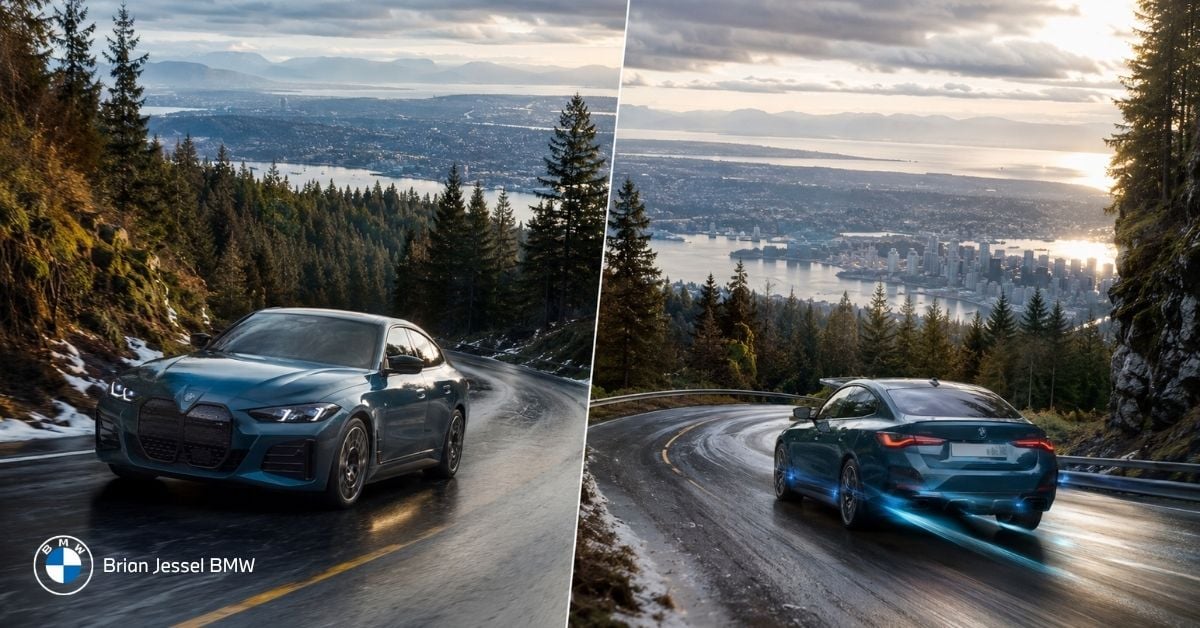 BMW i4 climbs and descends a mountain road, illustrating energy use and regenerative braking recovery in Vancouver.