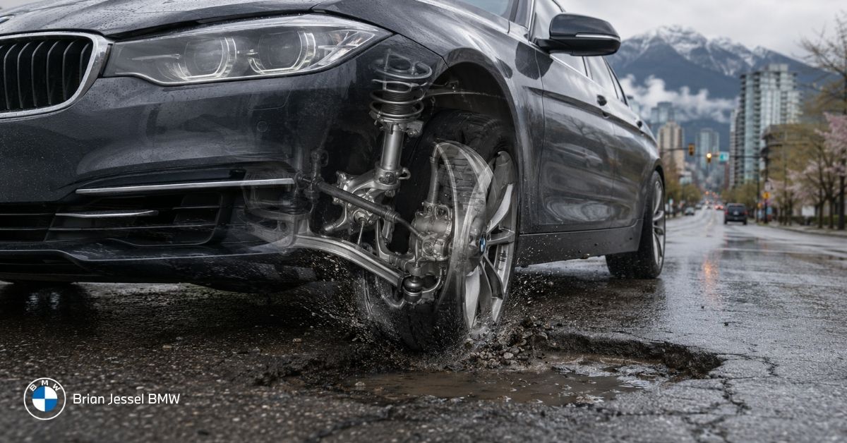 BMW suspension components absorb pothole impact on a wet Vancouver road, illustrating potential alignment changes.