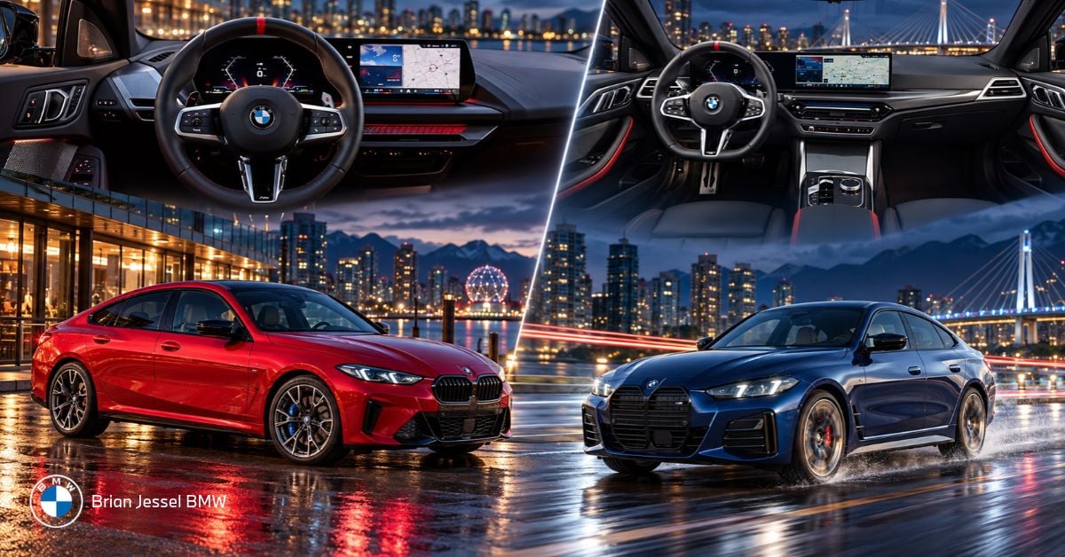 2026 BMW 2 Series and 4 Series Coupes driving through Vancouver at night on wet, illuminated streets.
