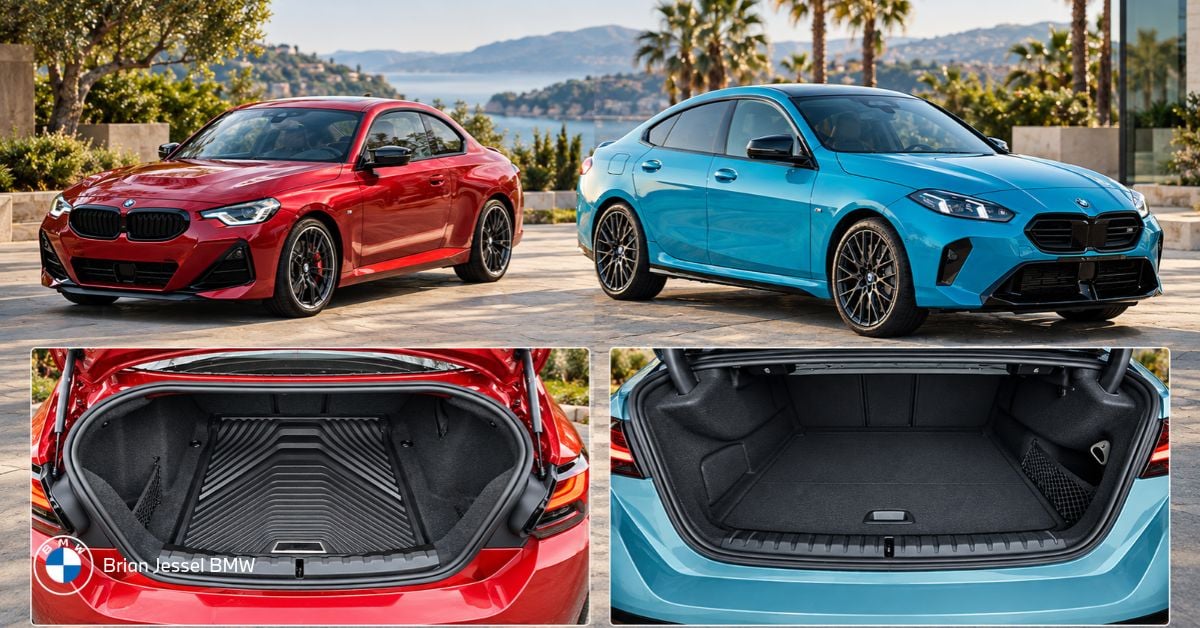 Red BMW 2 Series Coupe and blue BMW 4 Series with open trunks highlighting luggage space.