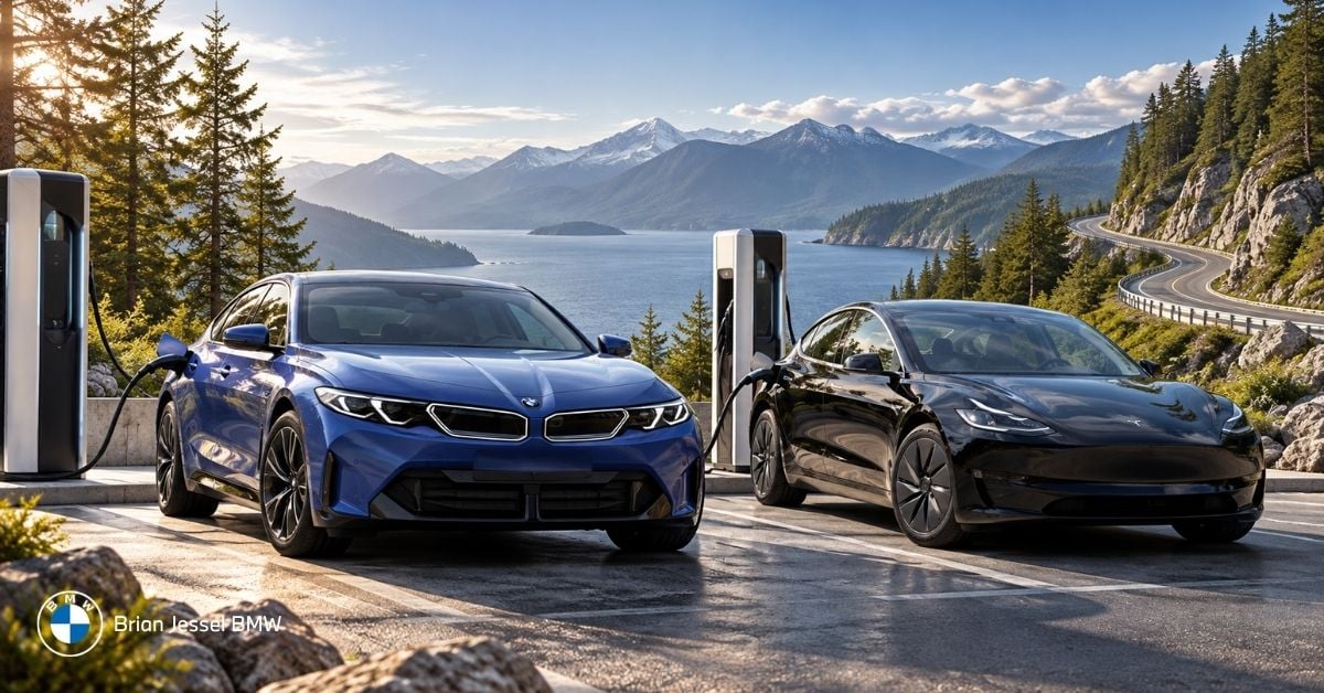 BMW i3 and Tesla Model 3 charging beside a scenic mountain highway and lake view.