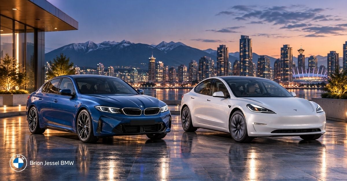 Blue BMW i3 and white Tesla Model 3 overlook Vancouver skyline and mountains at dusk.