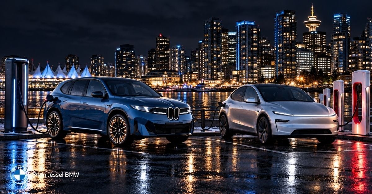 BMW iX3 and Tesla Model Y charging at night beside Vancouver’s illuminated waterfront skyline buildings.