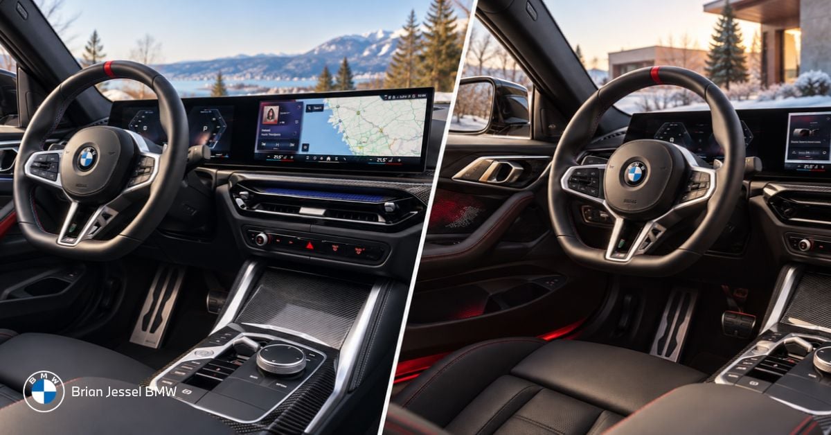 Side-by-side BMW 2 Series and 4 Series Coupe interiors showcasing curved displays, premium finishes, winter scenery.