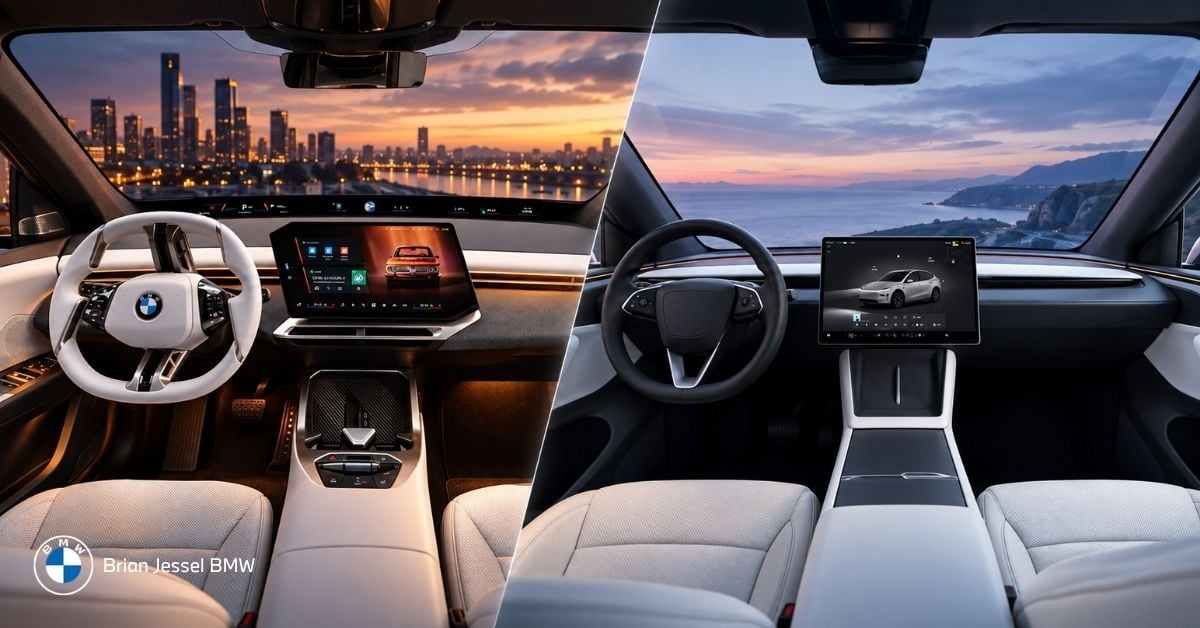 BMW iX3 and Tesla Model Y interiors compared, highlighting contrasting dashboards, screens, materials and design.