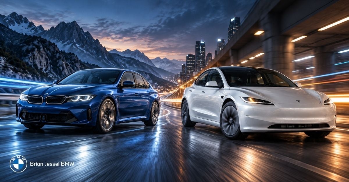 Blue BMW i3 and white Tesla Model 3 race side by side on wet dusk road.