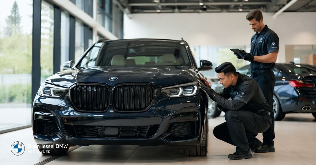 BMW Certified technicians carefully inspect a pre-owned BMW SUV during dealership certification and reconditioning in Vancouver.