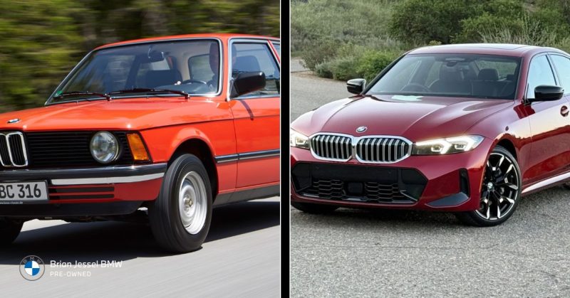 A comparison of the BMW E21 (1975) and G20 (present), showcasing design evolution and modern updates