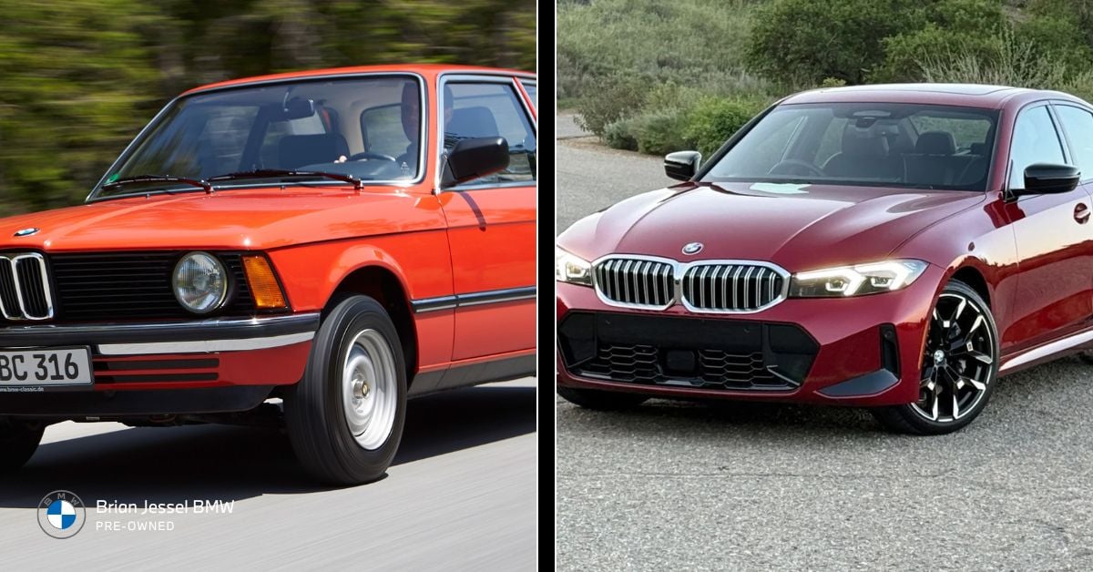 A comparison of the BMW E21 (1975) and G20 (present), showcasing design evolution and modern updates