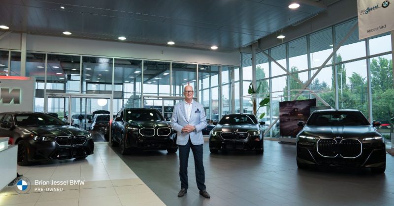 Showroom displaying luxury BMW models with stylish salesperson, exploring style and personality match.