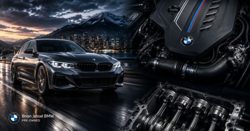 BMW M340i driving at night beside exposed engine components, representing long-term performance, reliability, and high-mileage durability concerns.