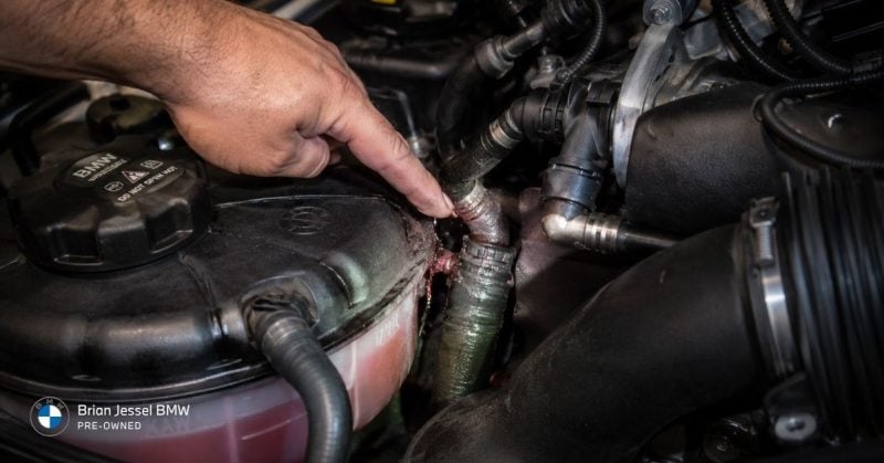 Technician inspecting leaking BMW cooling system components inside engine bay, highlighting coolant hose and overheating repair diagnosis.