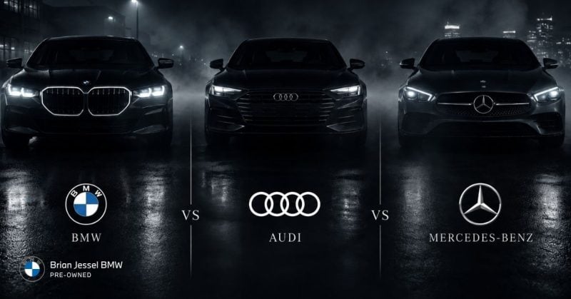 BMW, Audi, and Mercedes luxury sedans compared at night, highlighting performance, reliability, technology, and premium driving experiences.