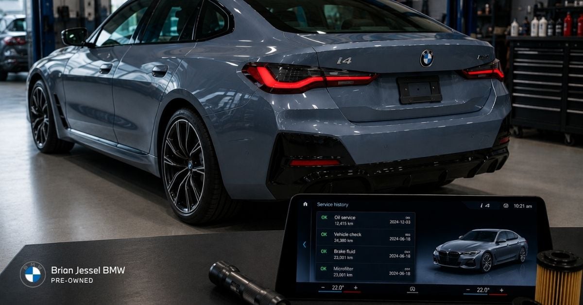 Used BMW i4 in a modern service bay with diagnostic screen, tools, and maintenance inspection equipment.