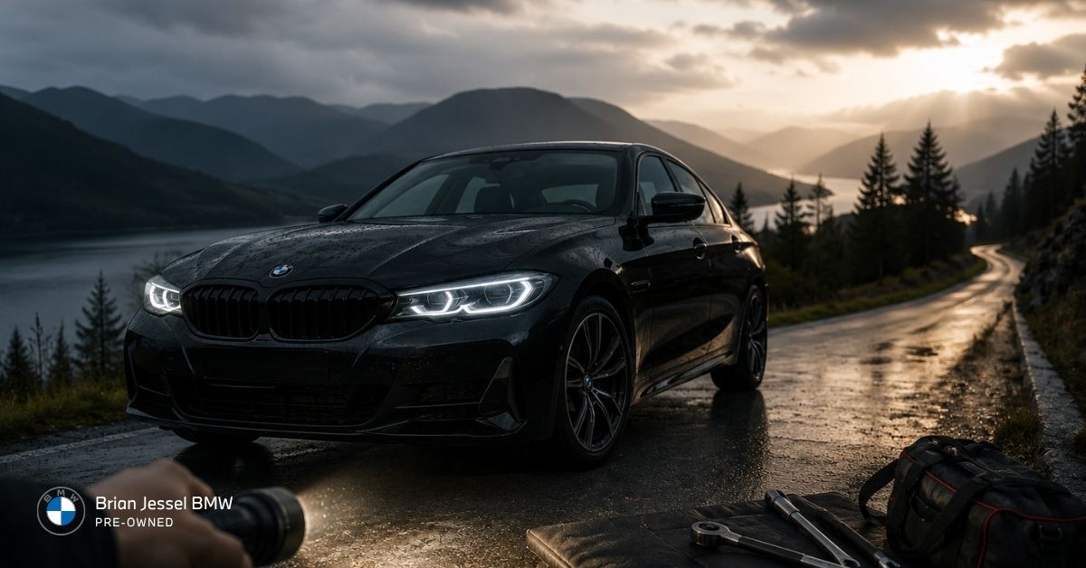 Used BMW sedan inspected on rainy mountain road at dusk with flashlight, tools, and dramatic stormy backdrop
