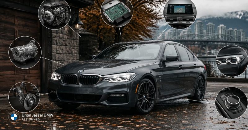 BMW in repair shop with costly parts, service records, and rainy Vancouver skyline suggesting warranty risks.