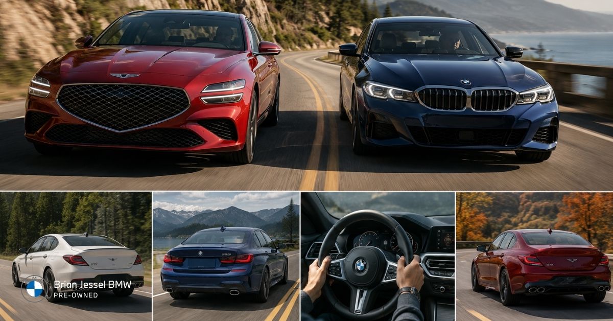Genesis G70 and BMW 3 Series shown driving and cornering through scenic coastal roads in sedan comparison