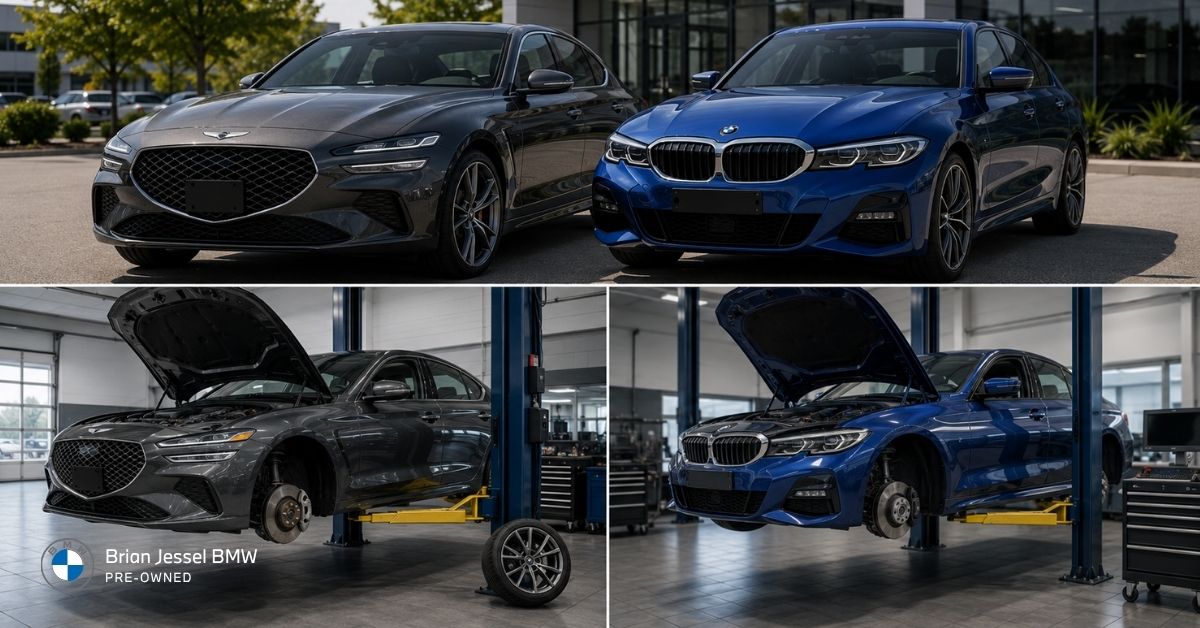 Genesis G70 and BMW 3 Series shown outside a dealership and inside service bays for ownership comparison.