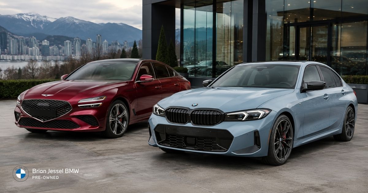 2026 Genesis G70 and BMW 3 Series parked outside modern dealership for resale value comparison.