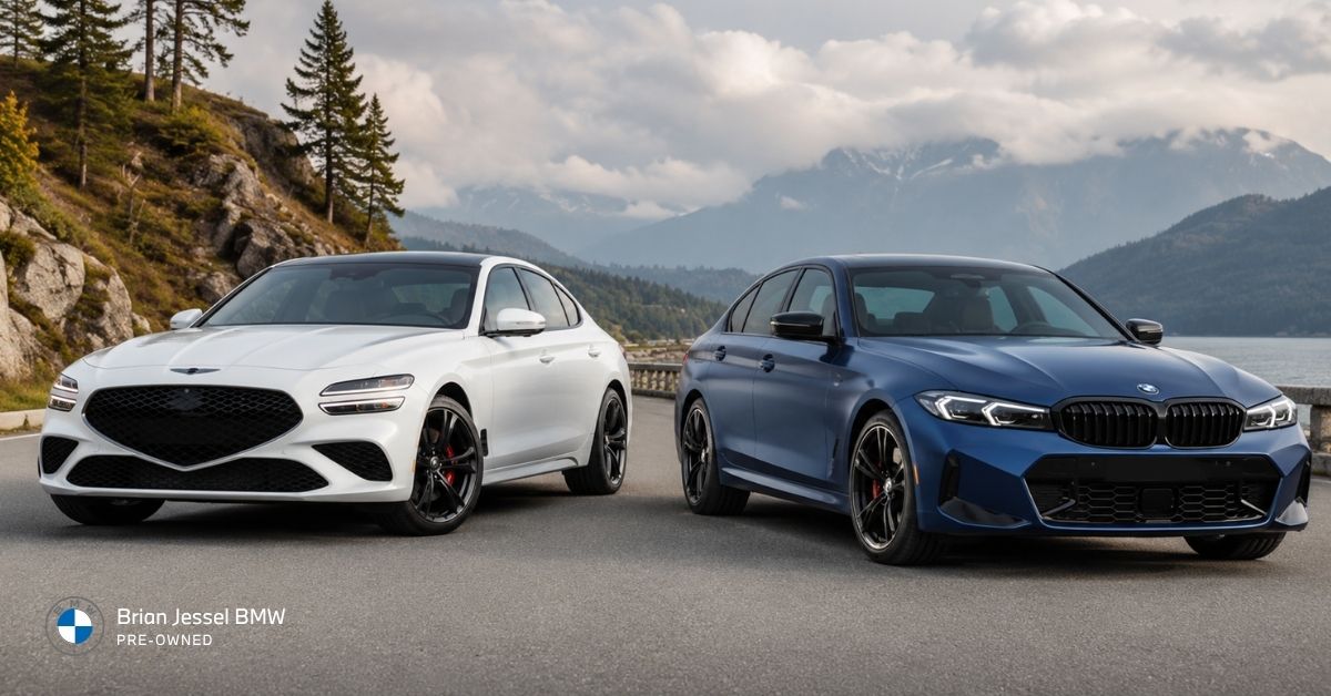 2024 Genesis G70 and BMW 330i parked on scenic mountain road for luxury performance sedan comparison