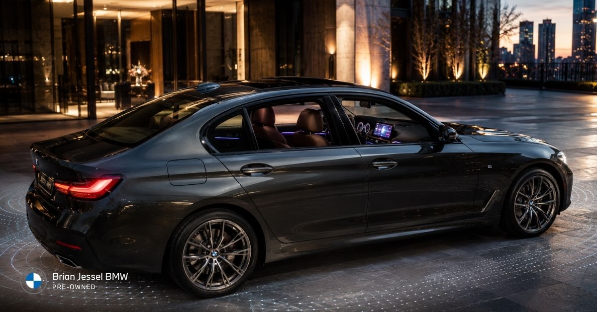 Dark gray BMW 3 Series sedan parked at night in a modern upscale courtyard, showcasing its sleek profile, illuminated taillights, and premium interior ambient lighting