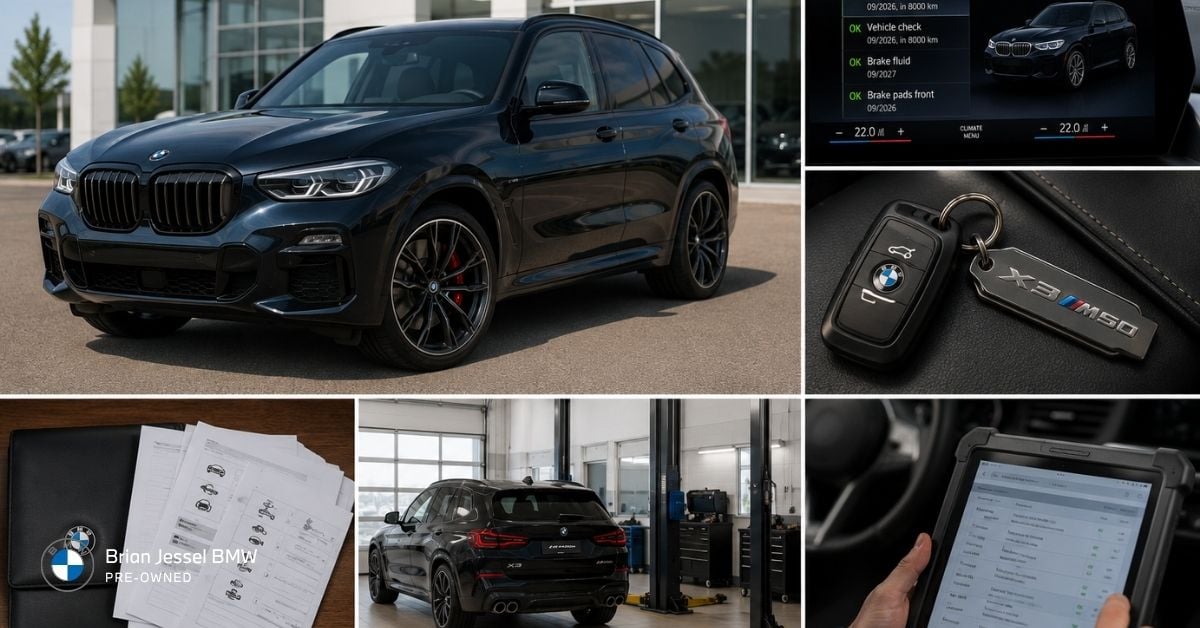 Collage of black BMW X3 M50i, iDrive service screen, key fob, service records, diagnostic tablet, and workshop views at Brian Jessel BMW Pre-Owned.