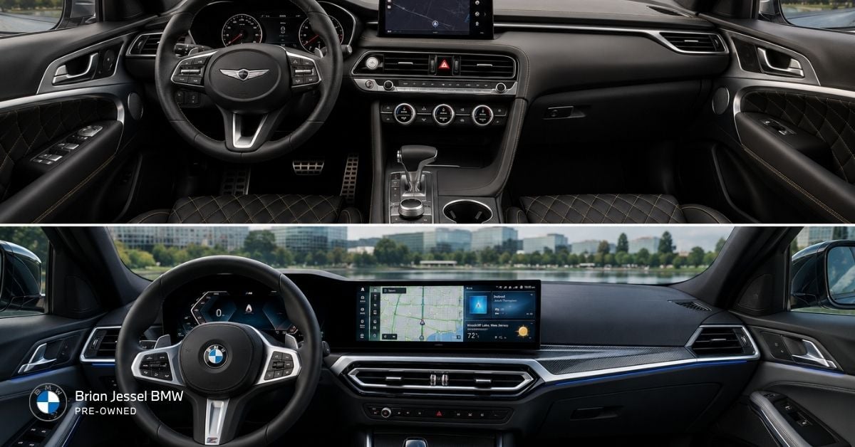 Genesis G70 and BMW 3 Series interiors compared, showing luxury materials, driver-focused dashboards, and modern digital features