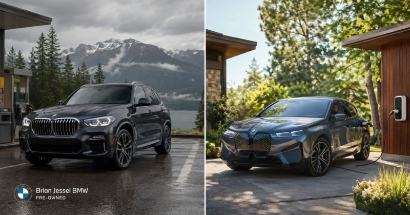 Side-by-side view: Dark gray BMW X5 hybrid at a gas station with mountain backdrop on the left, and dark BMW iX electric SUV charging at a modern home on the right
