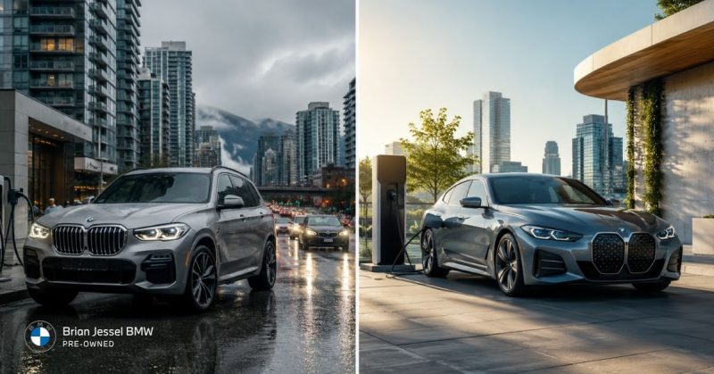 Side-by-side comparison: Gray BMW X5 plug-in hybrid on the left and light blue BMW i4 electric vehicle charging on the right, both on wet Vancouver streets