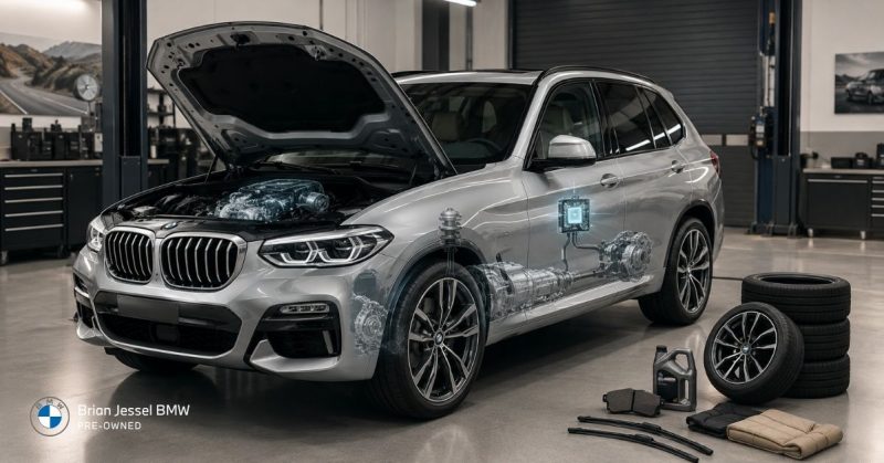 Silver BMW SUV in modern service garage with open hood, drivetrain overlays, and maintenance components displayed.