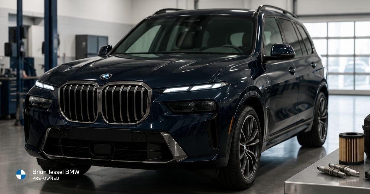 Dark blue BMW SUV displayed in a modern service center with oil filter and spark plugs in foreground at Brian Jessel BMW Pre-Owned.