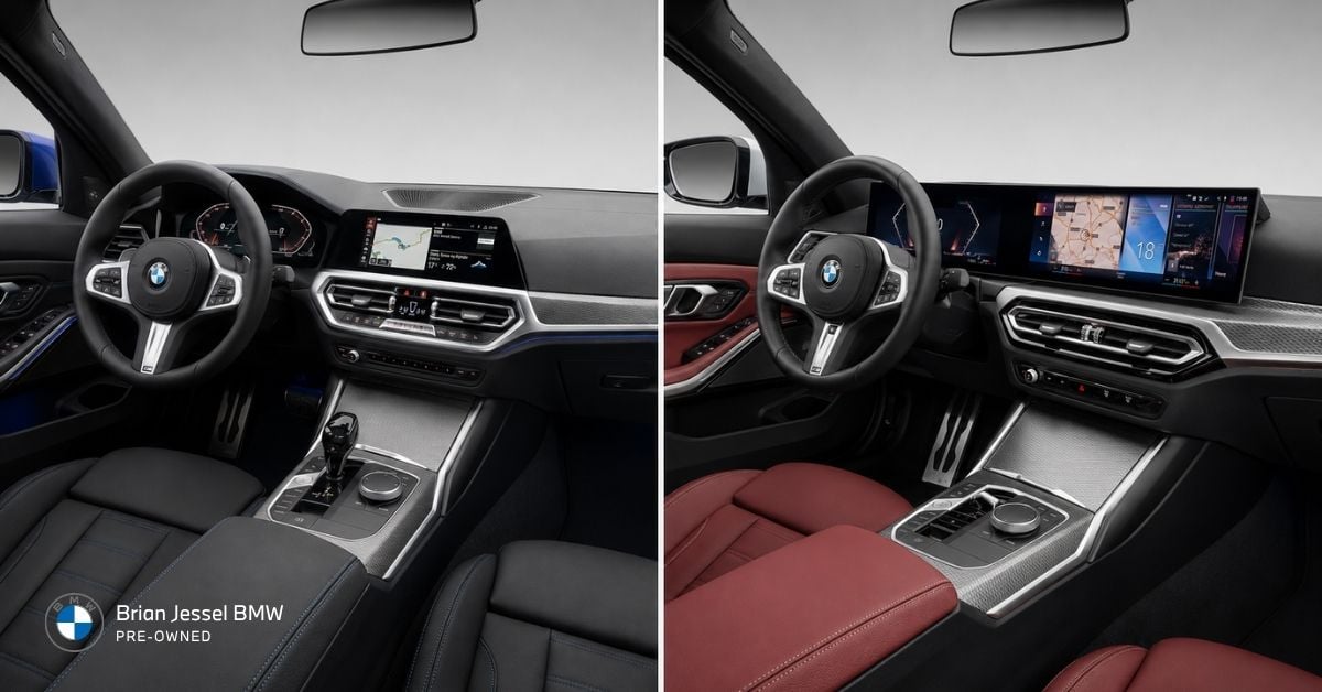 BMW 3 Series cabin comparison showing traditional dashboard layout versus newer curved display and digital controls.