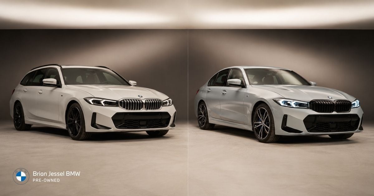 Side-by-side comparison of refreshed and pre-refresh BMW 3 Series models highlighting exterior design evolution and styling.
