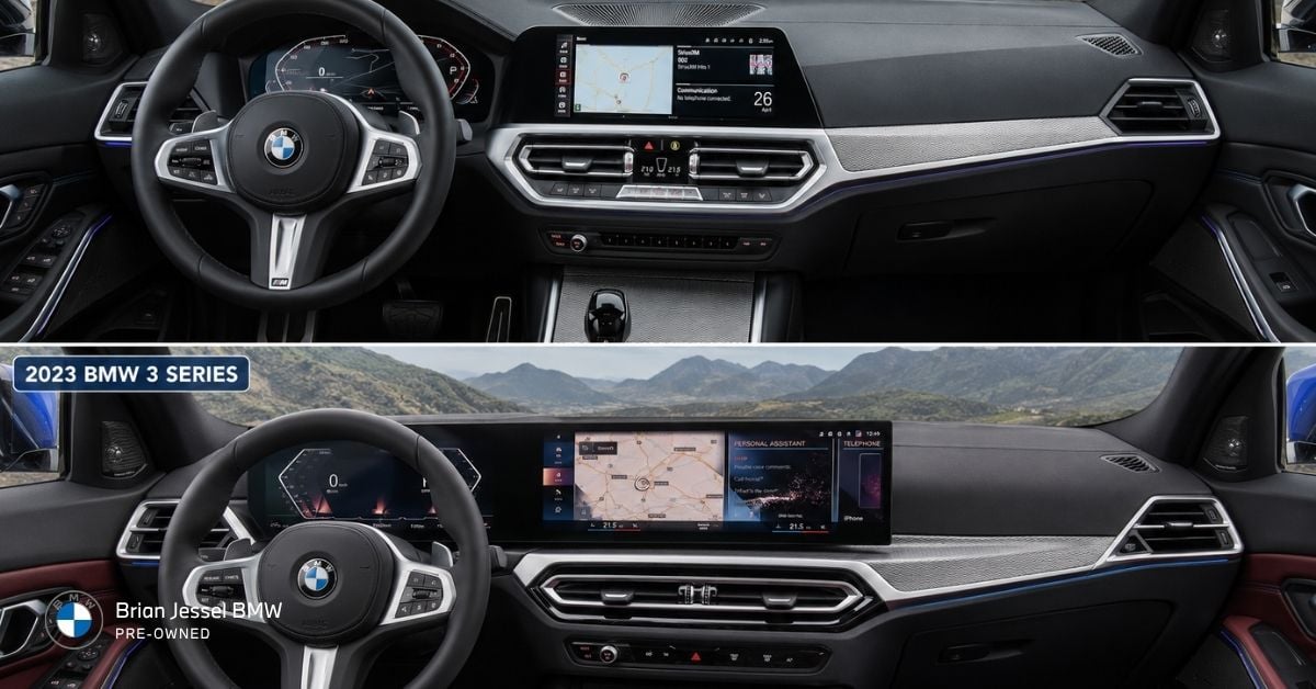 BMW 3 Series technology comparison showing traditional infotainment layout versus newer curved display and digital interface.