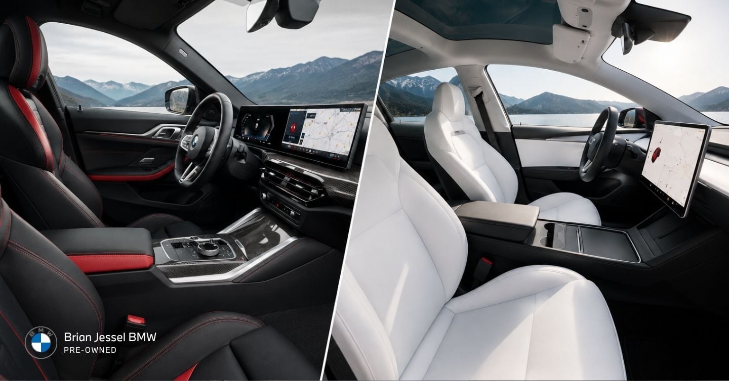 Side-by-side BMW i4 and Tesla Model 3 interiors showcasing premium luxury cabin versus minimalist electric vehicle design philosophy.