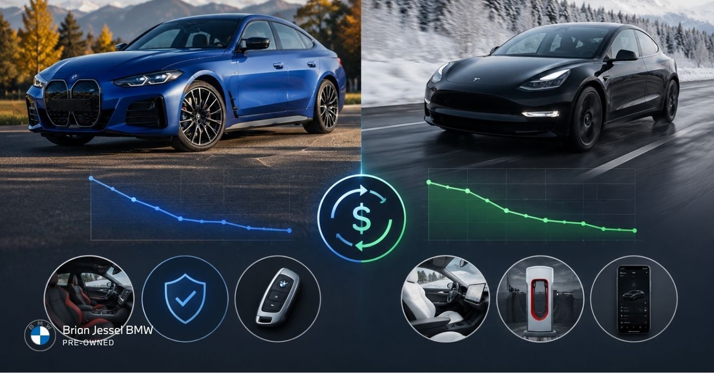 BMW i4 and Tesla Model 3 side-by-side illustrating used electric vehicle depreciation, resale value, and ownership comparison.