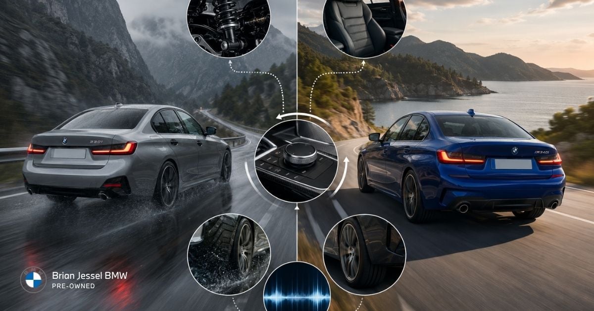 Split BMW sedan comparison shows rainy and sunny drives with suspension, tire, cabin, and road-noise details highlighted.