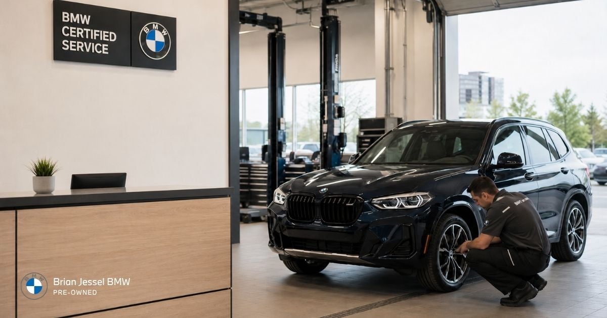 BMW Certified Service centre with technician inspecting a luxury SUV beside workshop equipment and reception area.
