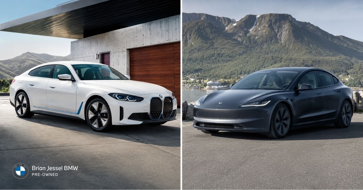 Used BMW i4 and Tesla Model 3 electric sedans compared in scenic Canadian landscapes with modern styling.