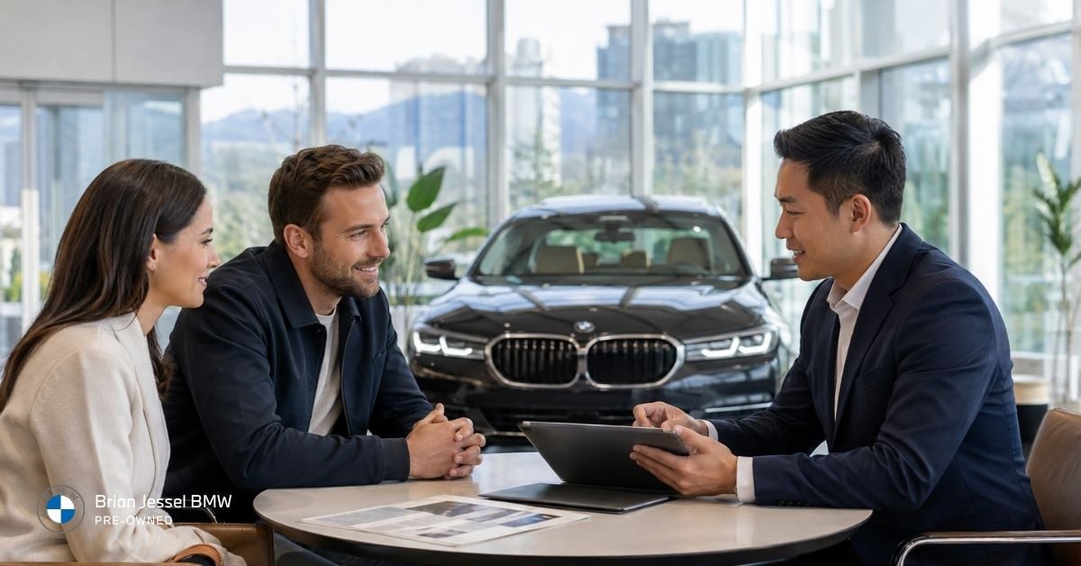 Customers review financing information together while discussing a vehicle purchase at Brian Jessel BMW Pre-Owned dealership.