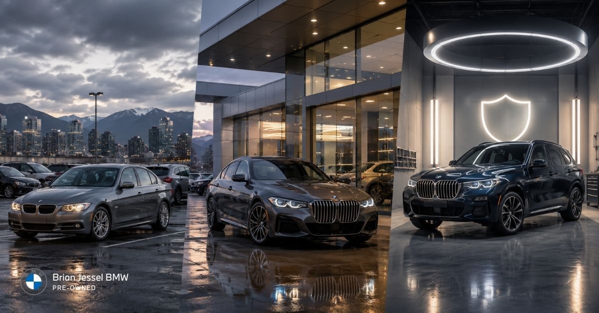 Used BMW, demo vehicle, and Certified Pre-Owned BMW displayed across three contrasting Vancouver dealership environments.