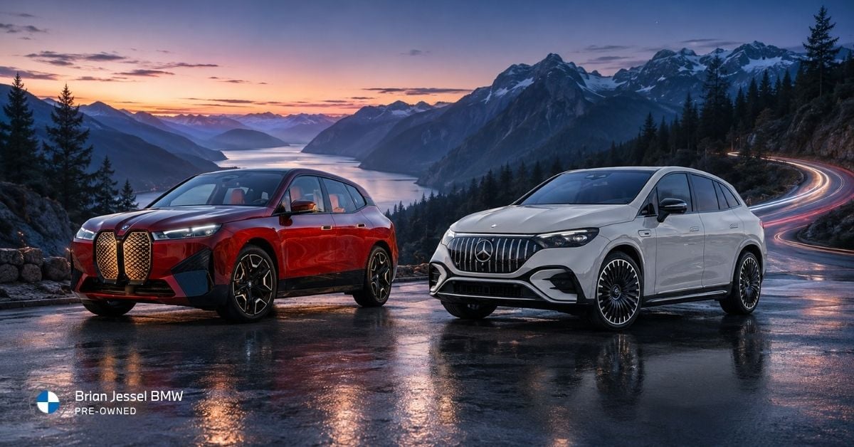 BMW iX and Mercedes EQE SUV overlook British Columbia mountains, comparing electric performance, range, handling, efficiency.