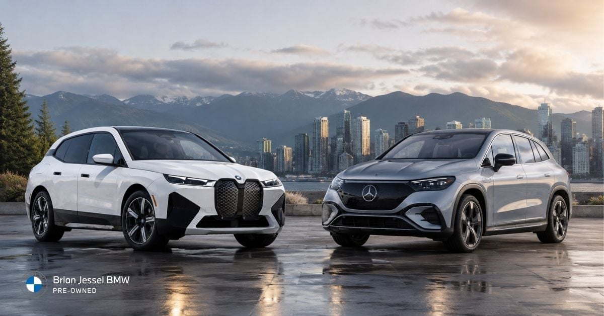 BMW iX and Mercedes EQE SUV parked against Vancouver skyline, comparing premium electric luxury SUV options.