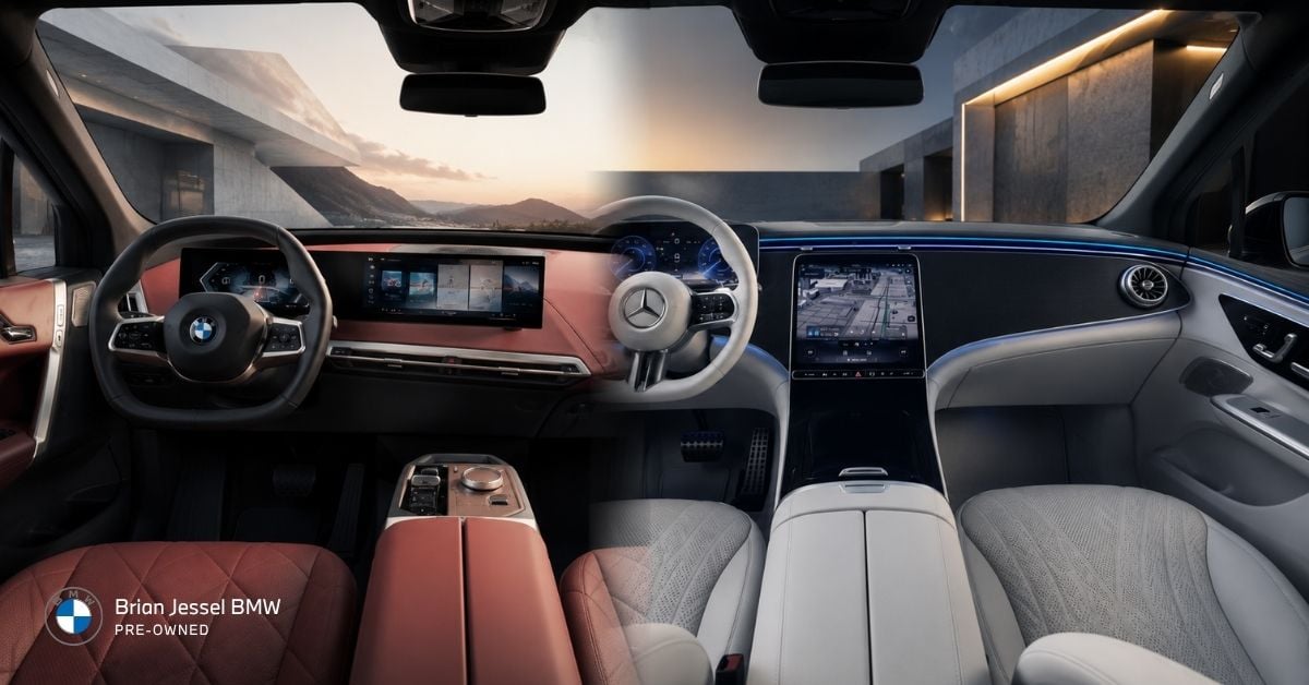 BMW iX and Mercedes EQE SUV interiors showcase contrasting luxury designs, displays, seating, and technology.
