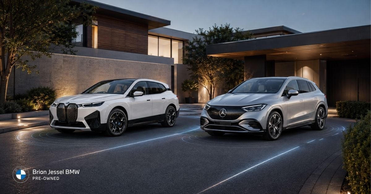 BMW iX and Mercedes EQE SUV demonstrate advanced driver assistance technology outside a modern luxury residence.