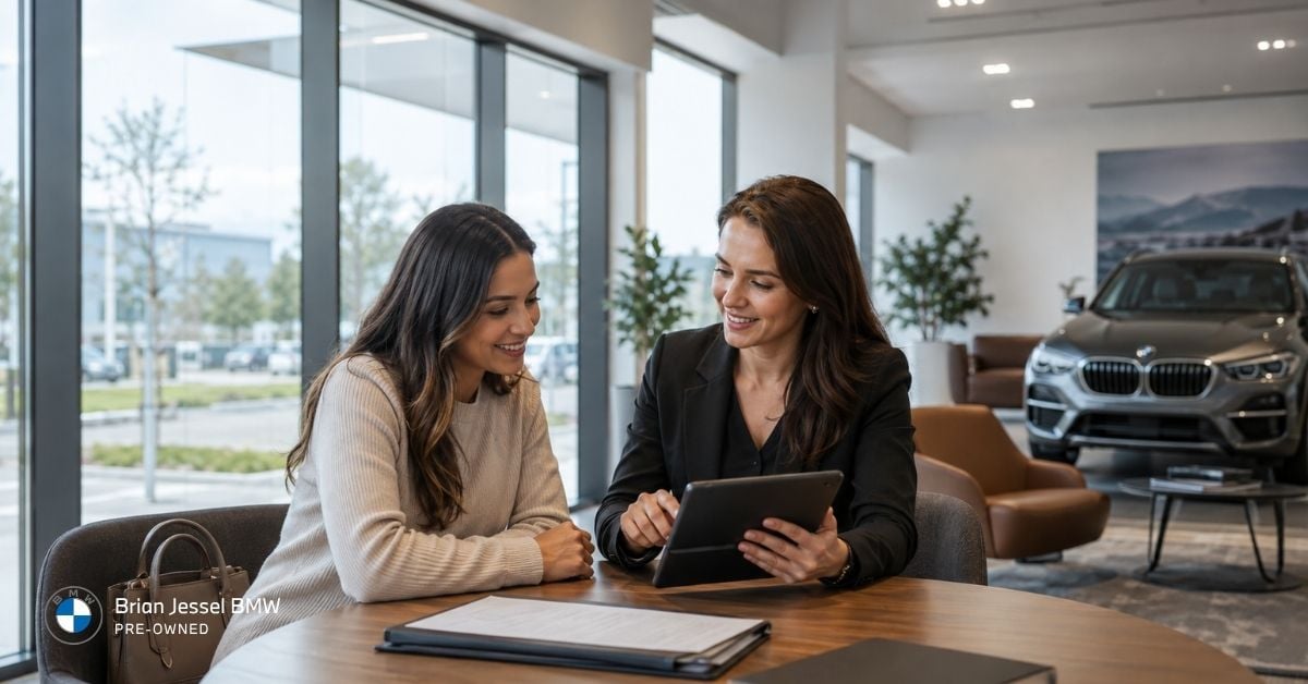 Two women discuss car financing options together inside a modern BMW dealership showroom in Vancouver.