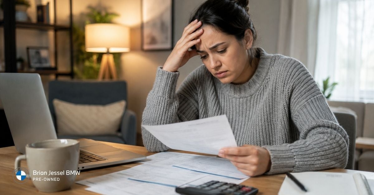 Woman reviews loan documents and bills at home while managing car financing and credit obligations.
