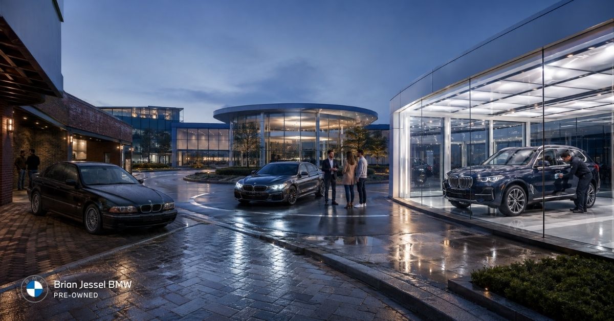 BMW demo, used, and certified vehicles displayed across a modern dealership courtyard during a rainy evening.