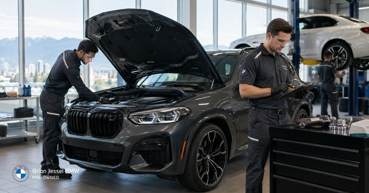 BMW certified technicians inspect a BMW SUV using diagnostic equipment inside a modern Vancouver service centre.