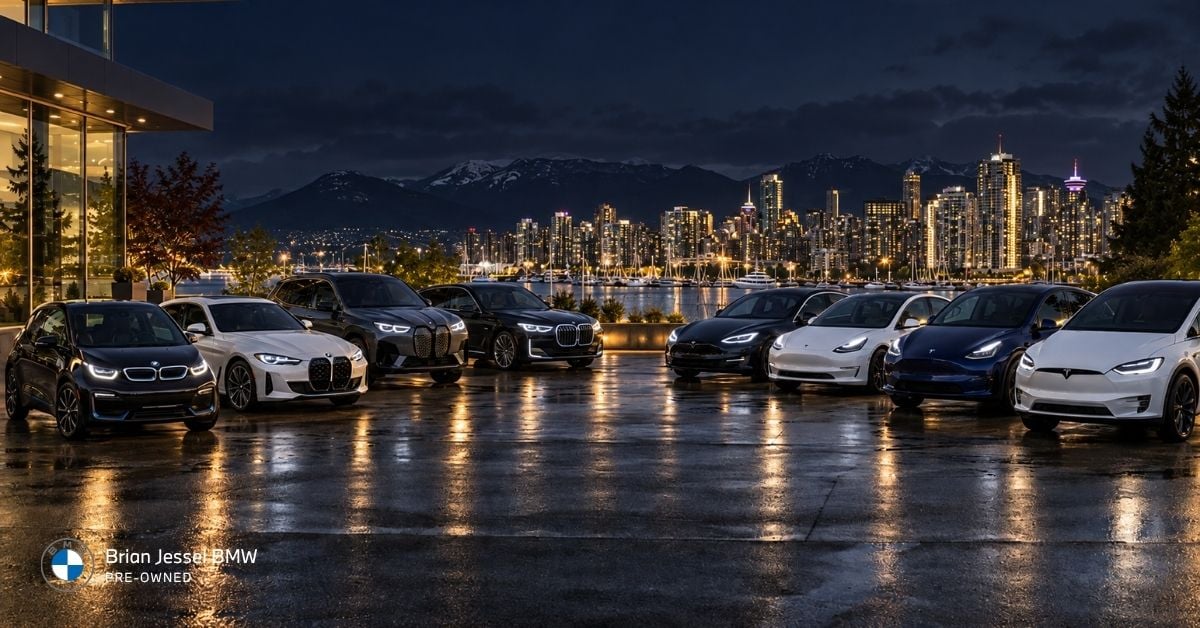 BMW and Tesla electric vehicles displayed at night against Vancouver’s illuminated waterfront skyline and mountains.